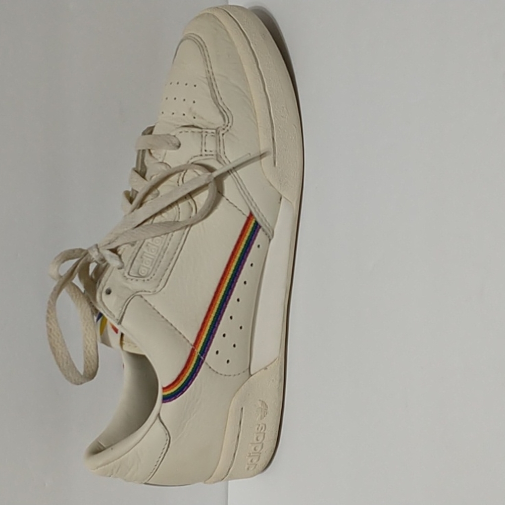 adidas Mens White Leather Sneakers with Rainbow Stripe